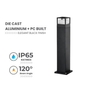 die cast aluminium bollard light led 12W 3000K garden square black