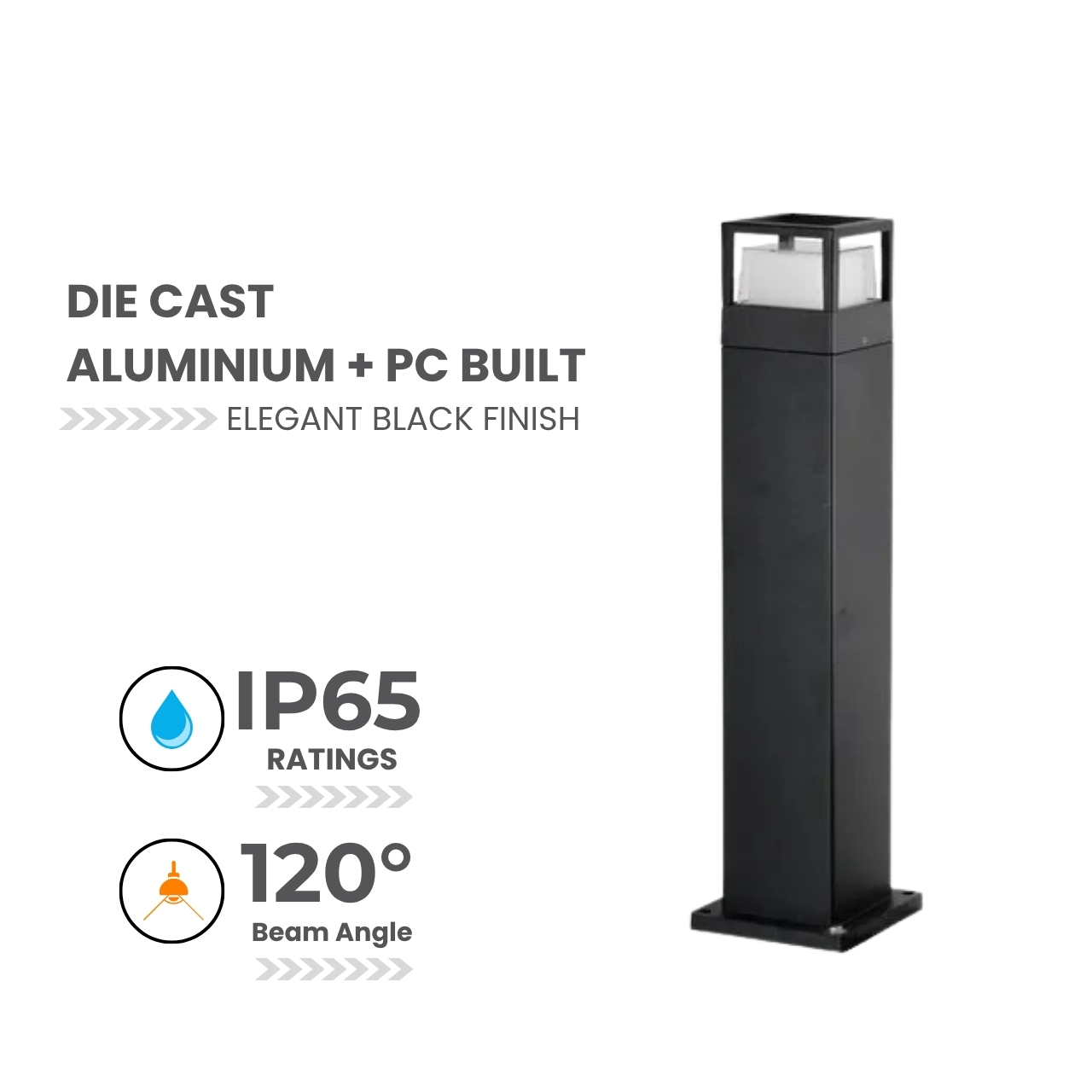 die cast aluminium bollard light led 12W 3000K garden square black