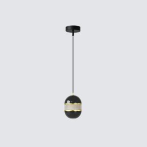Elegant pearl black sphere pendant light with a clear, textured crystal band around its middle and down light 3000K