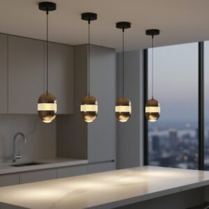 Elegant sphere pendant light with a clear, textured crystal band around its middle and down light 3000K