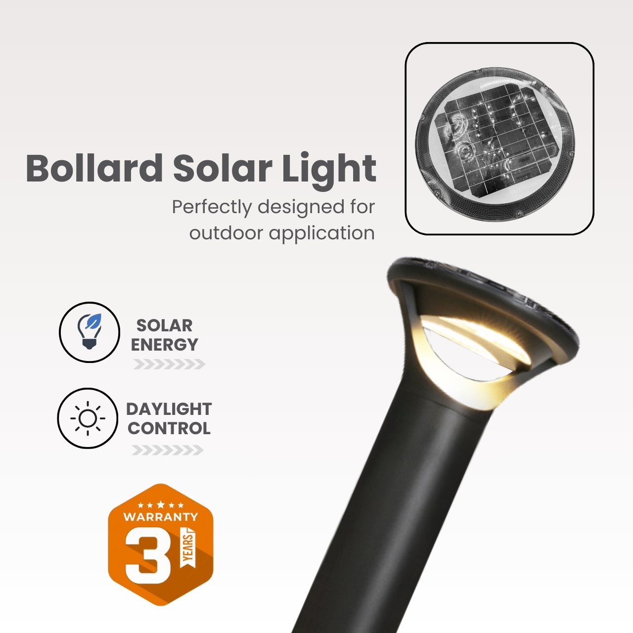 solar bollard lawn led light 3000K black aluminium