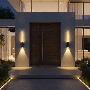 Modern outdoor 6W LED wall light with bubble design, glowing warm light on a grey villa wall at night
