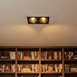 Black recessed square double GU10 downlight frame with tiltable spotlight