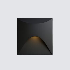 A modern, black, square-shaped step light with a curved, flowing front design