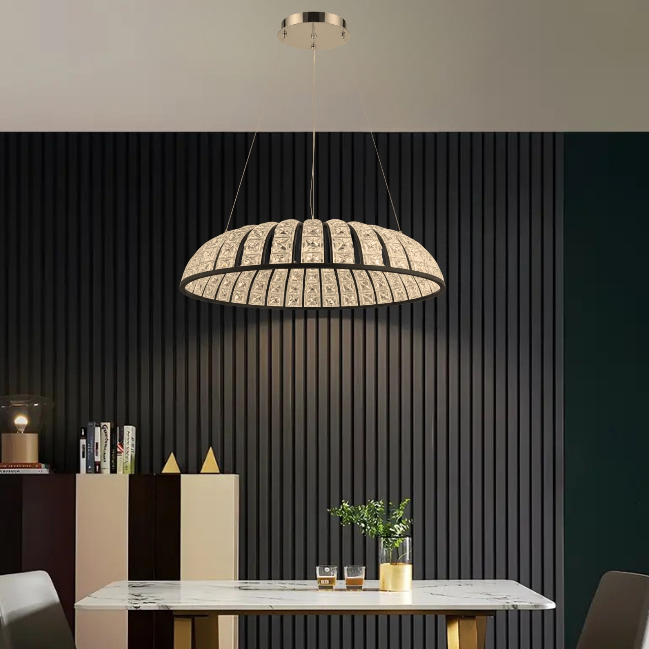 Modern crystal LED chandelier with chrome canopy 3 light colors