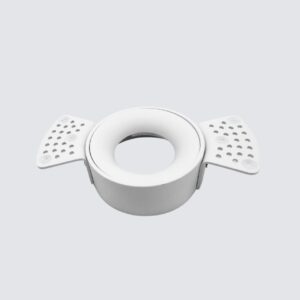 White recessed GU10 downlight frame with tiltable spotlight and red spring clips for easy installation