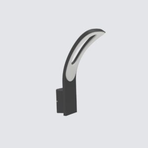Modern black LED outdoor wall light with a unique curved crescent shape, casting a warm glow on a white exterior wall at dusk.