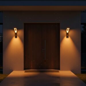 Modern black LED outdoor wall light with a unique curved crescent shape, casting a warm glow on a white exterior wall at dusk.