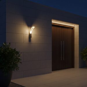 Modern black LED outdoor wall light with a unique curved crescent shape, casting a warm glow on a white exterior wall at dusk.