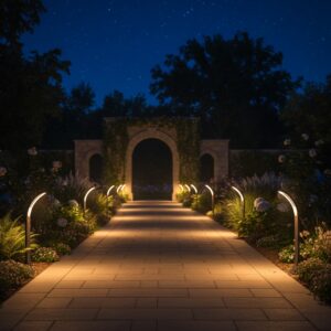 Luxury black curved LED 3000K bollard light on a wet garden pathway during a rainy morning, with water dew on the fixture and other pathway lights.