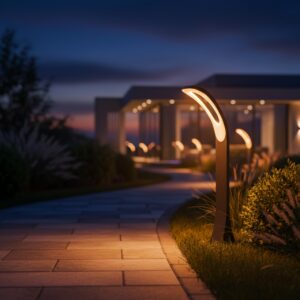 Luxury black curved LED 3000K bollard light on a wet garden pathway during a rainy morning, with water dew on the fixture and other pathway lights.