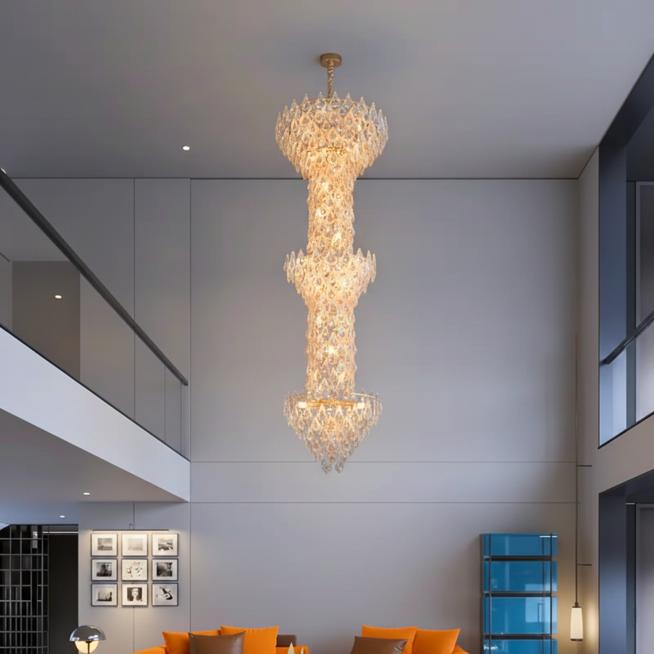 Modern Long Height Crystal Chandelier, Golden for Dining Room, Oval Ceiling Fixture Suitable for Kitchen Island, Bar, Bedroom, Living Room