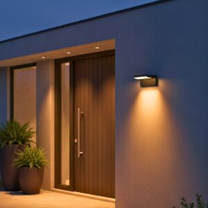 Modern black LED wall light sconce with warm glow, ideal for luxury villa outdoor and indoor use 3000K