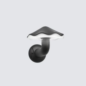 Modern black mushroom-shaped outdoor wall light or sconce mounted on a white exterior wall providing warm LED 3000K