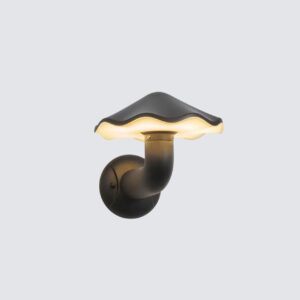 Modern black mushroom-shaped outdoor wall light or sconce mounted on a white exterior wall providing warm LED 3000K