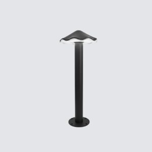 Elegant dark grey LED outdoor bollard pathway light with mushroom-style cap illuminating 3000K a stone garden walkway at twilight