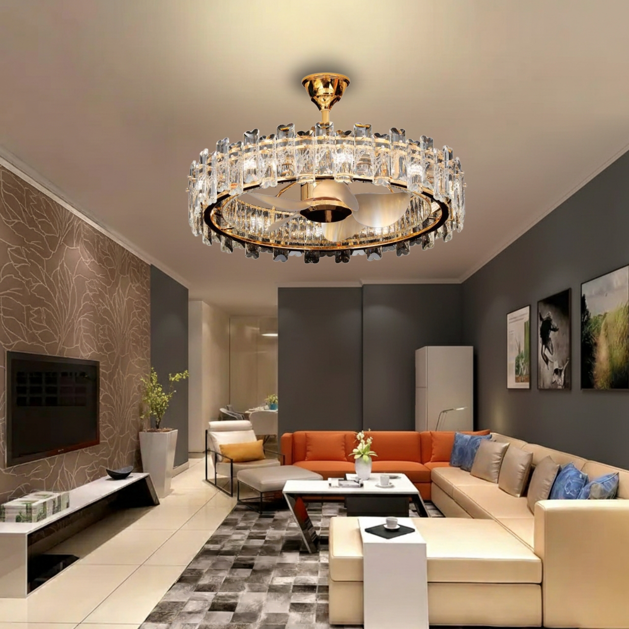 Chandelier, Clear Crystal Ceiling Fan Round Ceiling Lights with Fan for Bedroom Living Room Lounge 80cm