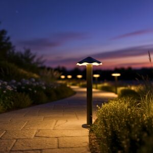 Elegant dark grey LED outdoor bollard pathway light with mushroom-style cap illuminating 3000K a stone garden walkway at twilight
