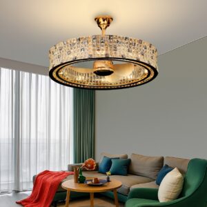 Chandelier, Clear Crystal Ceiling Fan Round Ceiling Lights with Fan for Bedroom Living Room Lounge 80cm