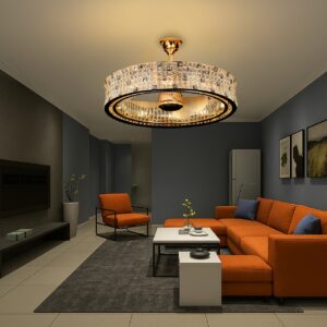 Chandelier, Clear Crystal Ceiling Fan Round Ceiling Lights with Fan for Bedroom Living Room Lounge 80cm