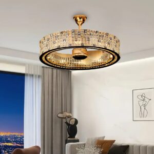 Chandelier, Clear Crystal Ceiling Fan Round Ceiling Lights with Fan for Bedroom Living Room Lounge 80cm