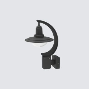 Modern black outdoor wall light fixture on a brick wall, illuminated at dusk, showing its curved design and waterproof exterior sconce features.