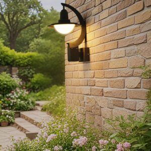 Modern black outdoor wall light fixture on a brick wall, illuminated at dusk, showing its curved design and waterproof exterior sconce features.