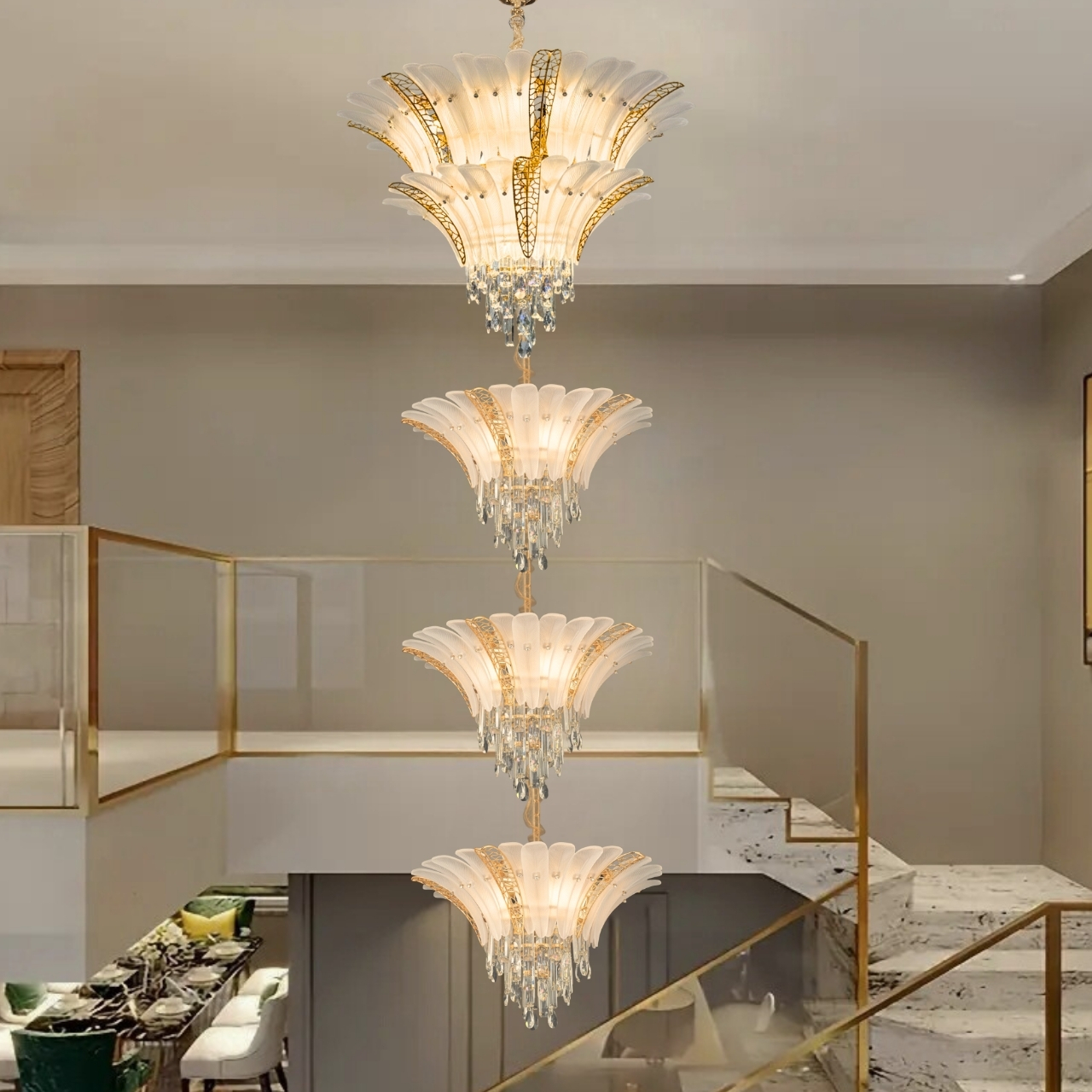 Modern Double Height Crystal Chandelier, Golden for Dining Room, Oval Ceiling Fixture Suitable for Kitchen Island, Bar, Bedroom, Living Room
