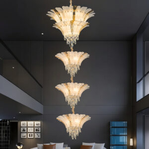 Modern Double Height Crystal Chandelier, Golden for Dining Room, Oval Ceiling Fixture Suitable for Kitchen Island, Bar, Bedroom, Living Room