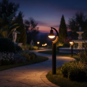 Modern black LED bollard pathway light casting warm glow on a garden path at dusk, with blurred background lights and dark blue-orange sky.