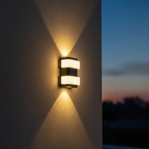 Modern black LED outdoor wall light on a smooth grey luxury villa entrance wall at night, emitting warm up and down light, creating an inviting glow for a grand doorway.