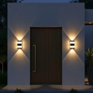 Modern black LED outdoor wall light on a smooth grey luxury villa entrance wall at night, emitting warm up and down light, creating an inviting glow for a grand doorway.