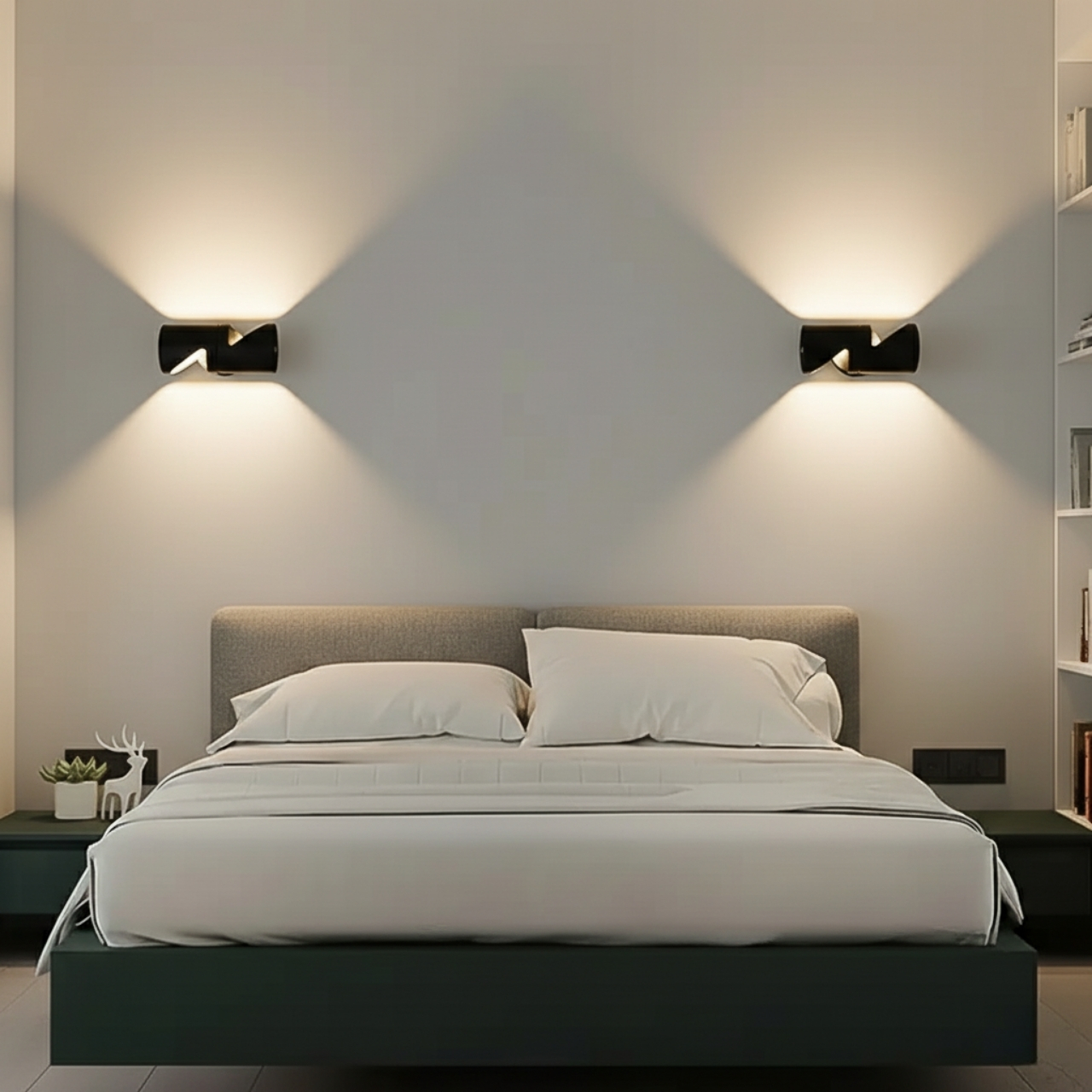 A modern black up-down wall light mounted on a gray wall, casting warm white light both upwards and downwards. The light is suitable for both indoor and outdoor use.