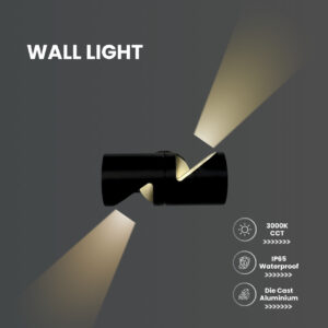 A modern black up-down wall light mounted on a gray wall, casting warm white light both upwards and downwards. The light is suitable for both indoor and outdoor use.