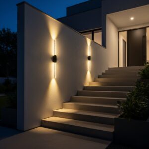 Modern outdoor 6W LED wall light with bubble glass diffuser, casting warm up and down light on a luxury home's exterior wall at night.