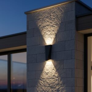 Modern black outdoor 10W 3000K LED wall light installed on a smooth grey wall of a luxury home entrance, casting warm up and down light at night