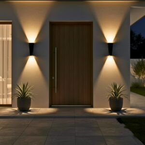Modern black outdoor 10W 3000K LED wall light installed on a smooth grey wall of a luxury home entrance, casting warm up and down light at night