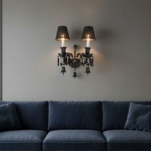 Elegant black crystal E14 bulb wall lamp with three lights and dark shades