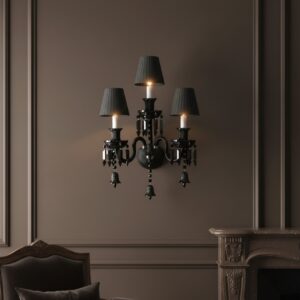 Elegant black crystal E14 3x bulb wall lamp with three lights and dark shades