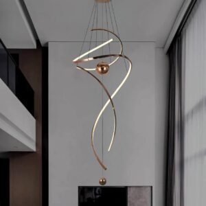 Modern spiral LED pendant light for high ceilings with metallic finish and spherical accents in a contemporary home foyer