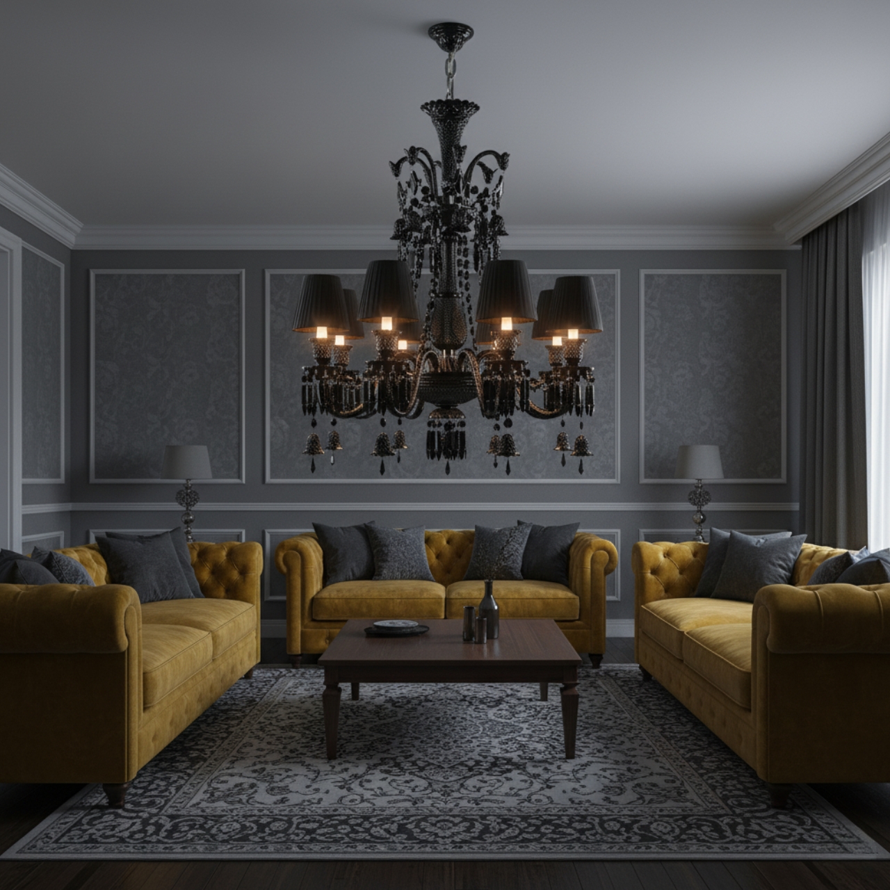 Elegant black crystal chandelier E14 8x bulb wall lamp with three lights and dark shades