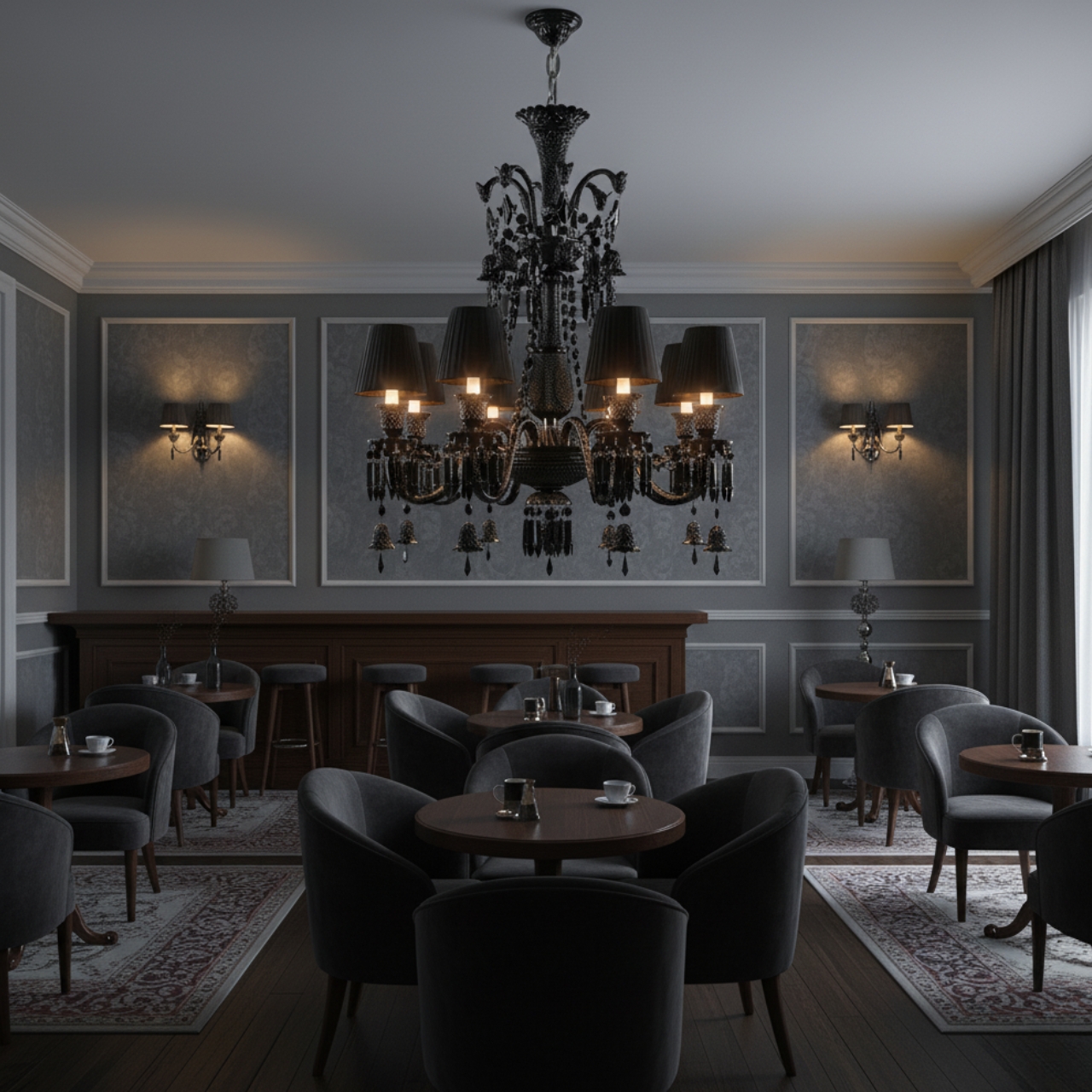 Elegant black crystal chandelier E14 8x bulb wall lamp with three lights and dark shades