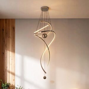 Modern spiral LED pendant light for high ceilings with metallic finish and spherical accents in a contemporary home foyer