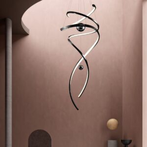 Modern spiral LED pendant light for high ceilings with metallic finish and spherical accents in a contemporary home foyer