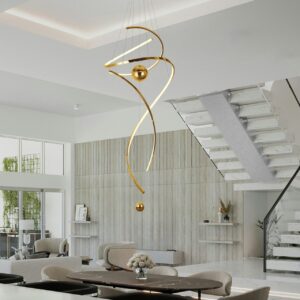 Modern spiral LED pendant light for high ceilings with metallic finish and spherical accents in a contemporary home foyer