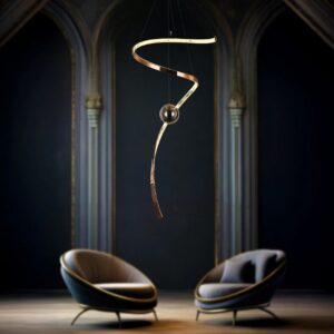 Modern spiral LED pendant light for high ceilings with metallic finish and spherical accents in a contemporary home foyer