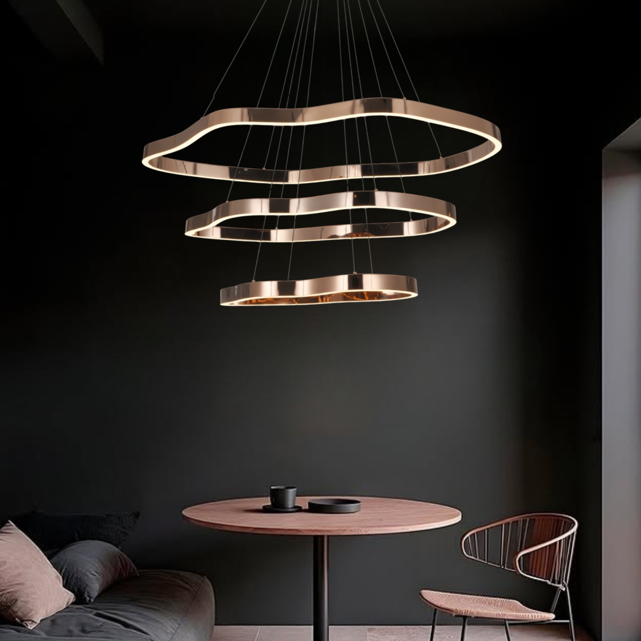 LED pendant light over a round wooden table in a modern dining room 3 light color