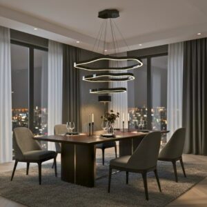 LED pendant light over a dining table area in a modern dining room 3 light color