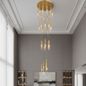 Luxury Gold Waterfall Chandelier | Modern Crystal Long Drop Stairwell Light Warm White