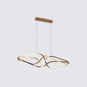 Modern gold LED wave chandelier in dining room with night view, contemporary pendant light, elegant ceiling fixture